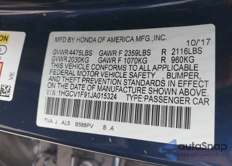 2018 Honda Accord Touring z USA, uszkodzony, nr VIN 1HGCV1F91JA015324